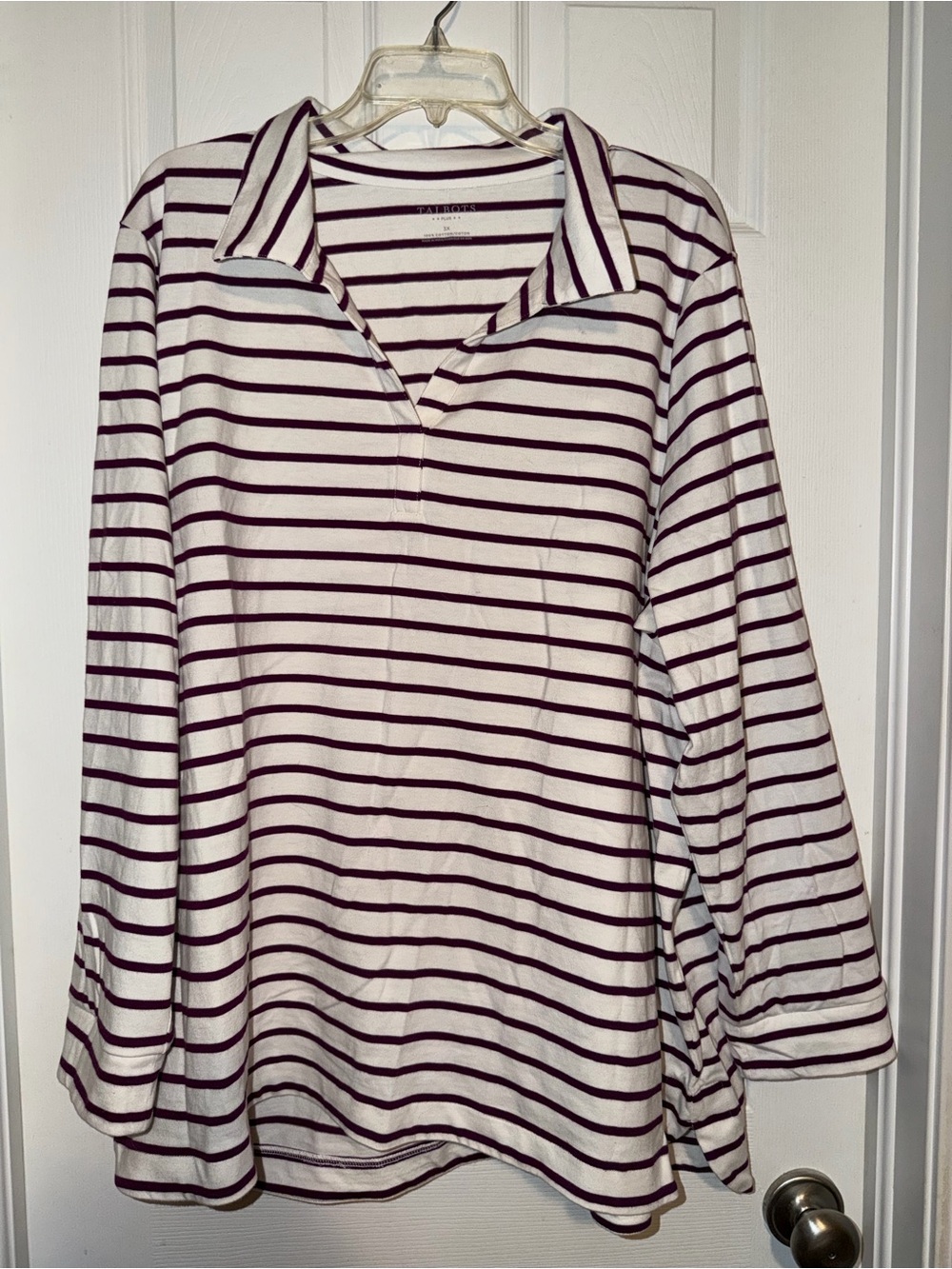 Talbots Cream and Burgundy Striped Long-Sleeve Polo Top